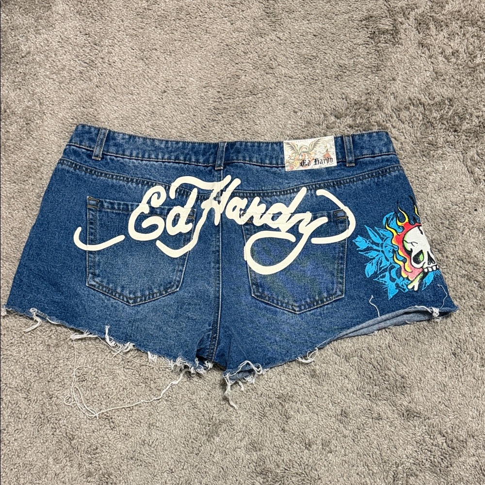 Ed Hardy Distressed Blue Jean Shorts